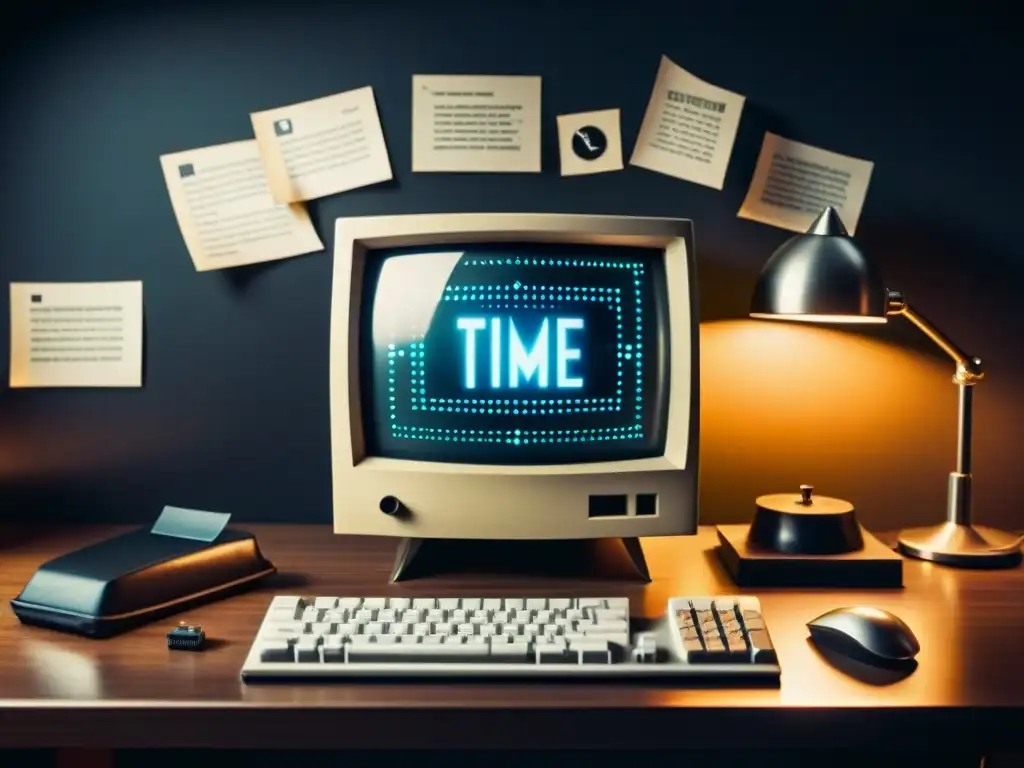 Misterio temporal: computadora vintage enigma Un antiguo ordenador con símbolos futuristas y un reloj distorsionado, en un ambiente misterioso