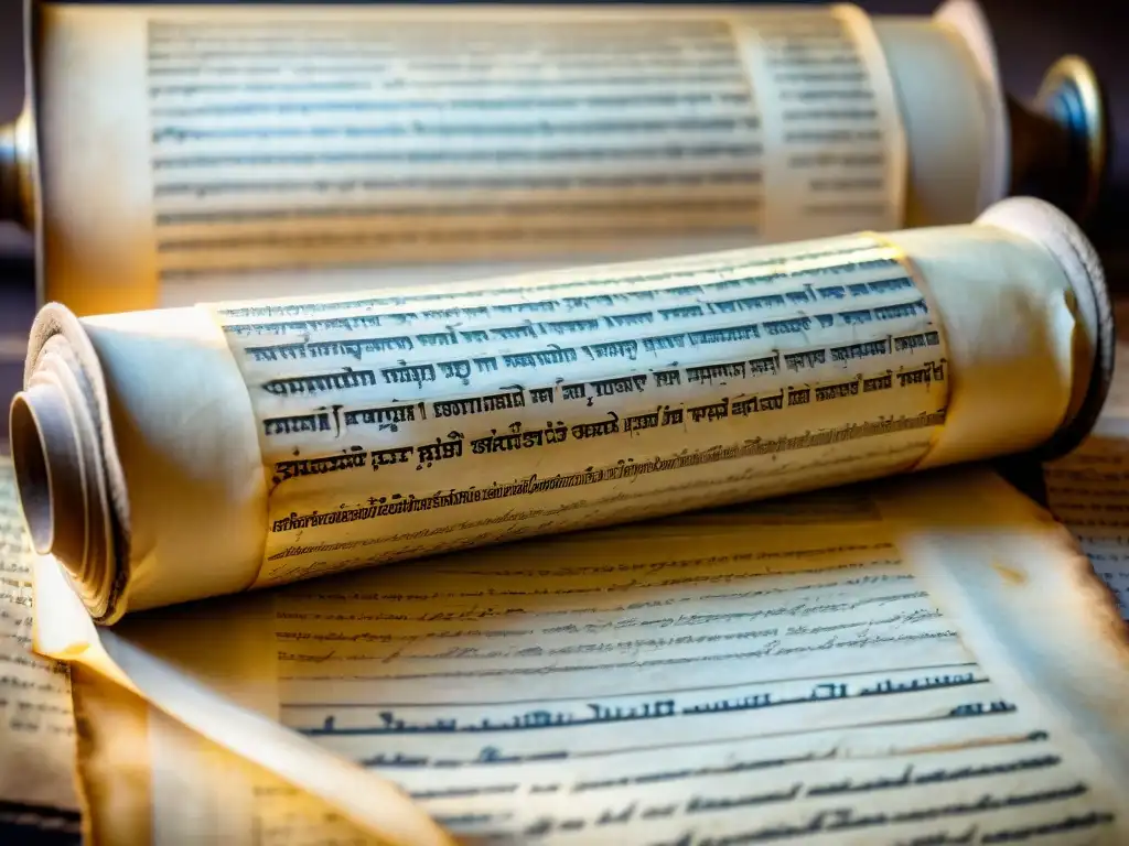 Antiguo pergamino hebreo con profecías y visiones apocalípticas, rodeado de objetos religiosos