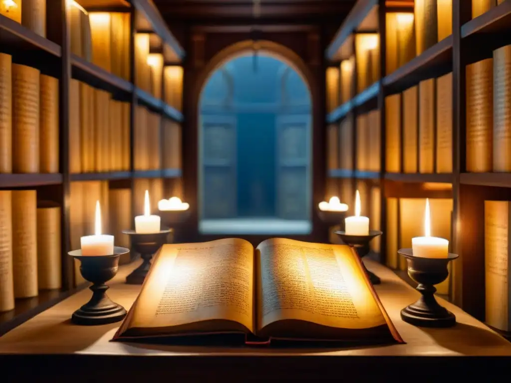 Pergamino encriptado: misterios ancestrales iluminados Antiguo pergamino iluminado por la luz de velas en biblioteca misteriosa