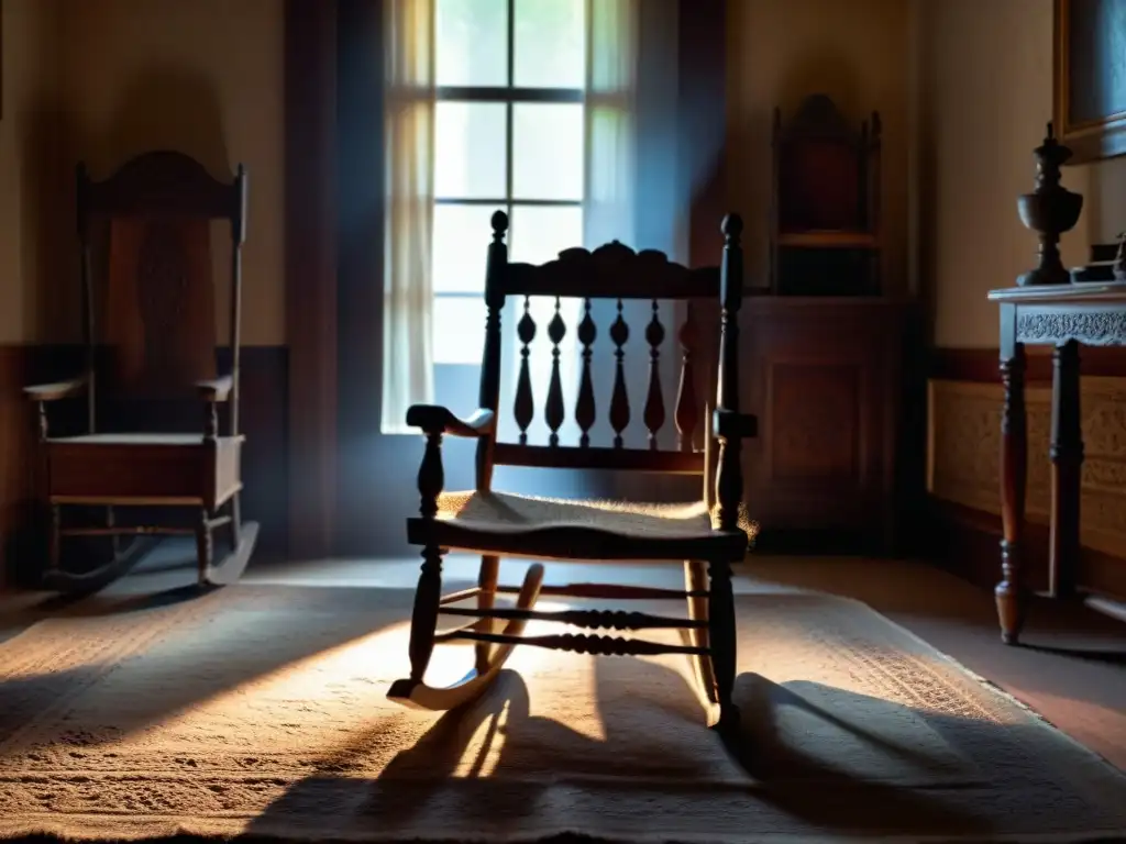 Un antiguo sillón mecedora de madera en una habitación sombría y polvorienta donde la tecnología desentraña misterios paranormales