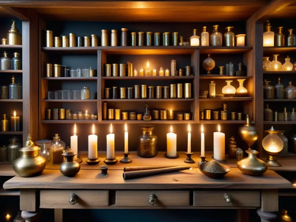 Antigua alquimia: talleres místicos y alquímicos Antiguo taller de alquimia iluminado por velas, con alembics de vidrio, libros antiguos y elementos misteriosos