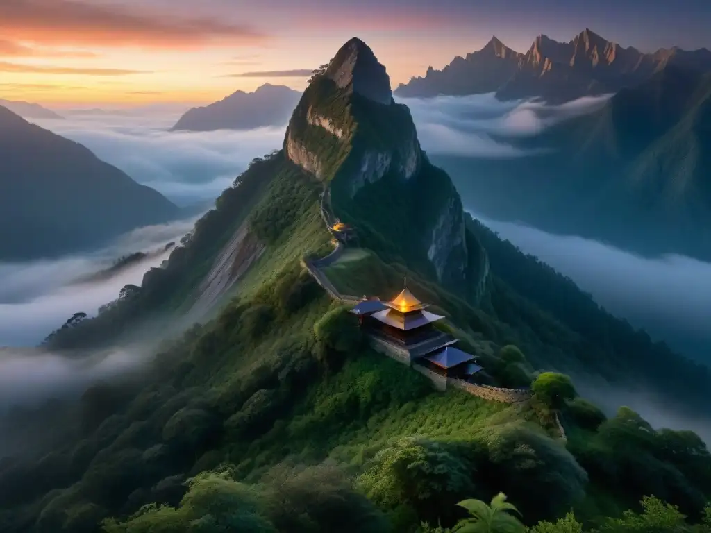 Un antiguo templo entre la neblina en la montaña, con un aura misteriosa y emocionante
