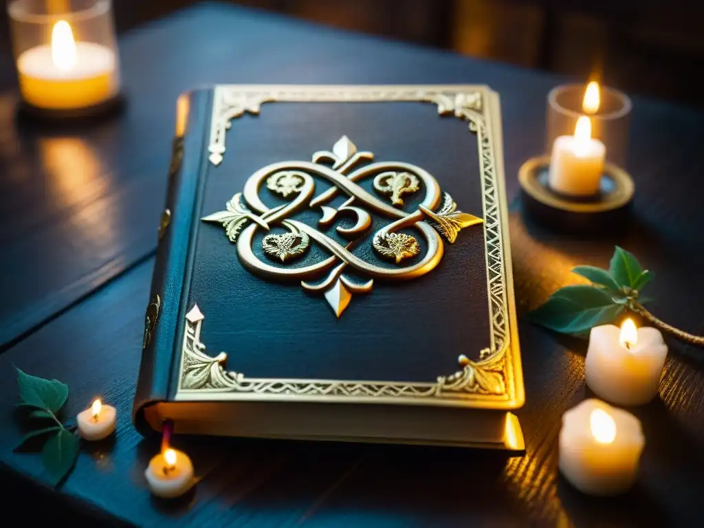 Misterioso tomo antiguo con diseños de oro y criaturas míticas Un antiguo tomo detallado reposa en mesa de madera oscura, con diseños dorados de criaturas mitológicas