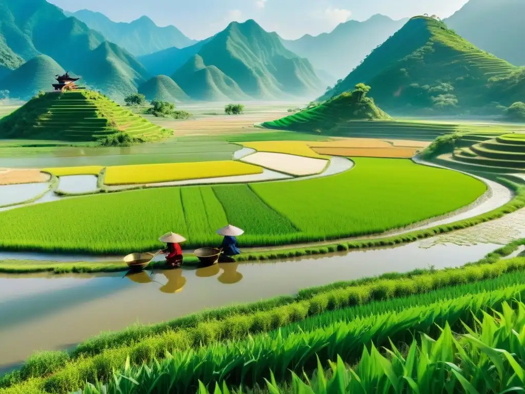 Antiguos agricultores chinos plantando arroz en terrazas inundadas, mostrando la armonía con la naturaleza