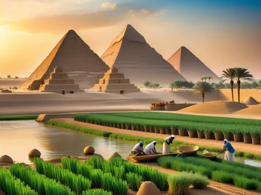 Antiguos agricultores egipcios trabajando en el fértil valle del Nilo, con las pirámides al fondo