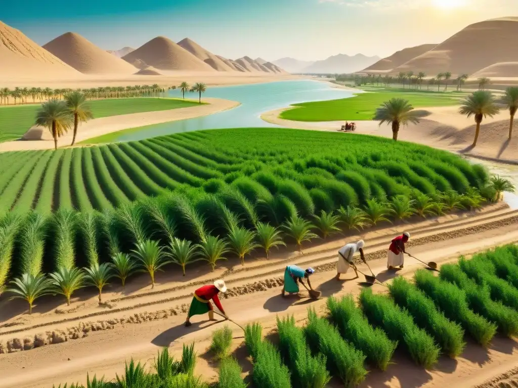 Antiguos agricultores mesopotámicos cultivando tierras fértiles con herramientas primitivas