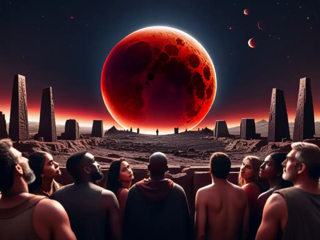 Antigua civilización maravillada por eclipse sangriento Antiguos en asombro y temor observan eclipse rojo, influenciando mitos y conducta