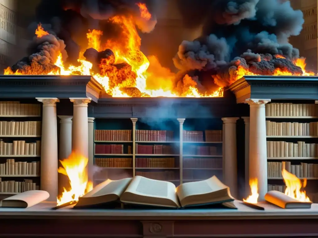 Antiguos manuscritos ardiendo en la Biblioteca de Alejandría, con caos y misterio
