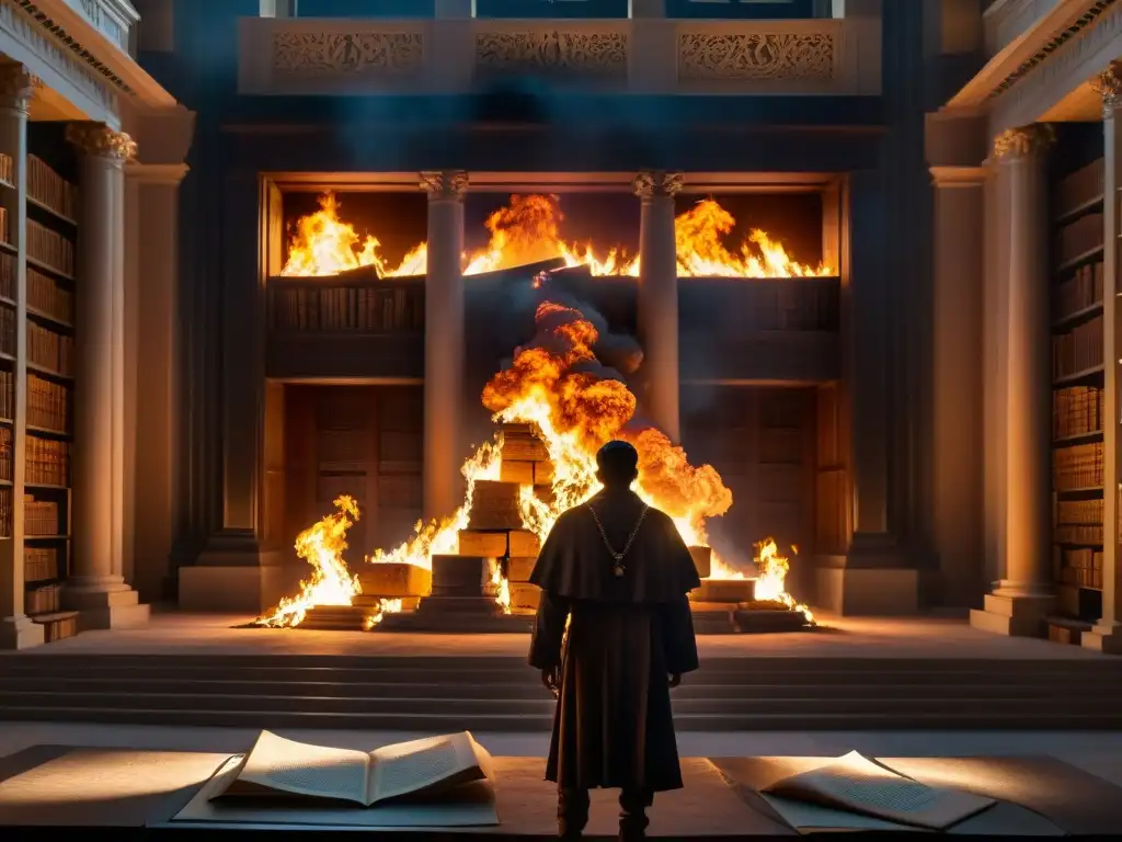 Antiguos pergaminos ardiendo en llamas, con figura misteriosa en sombras