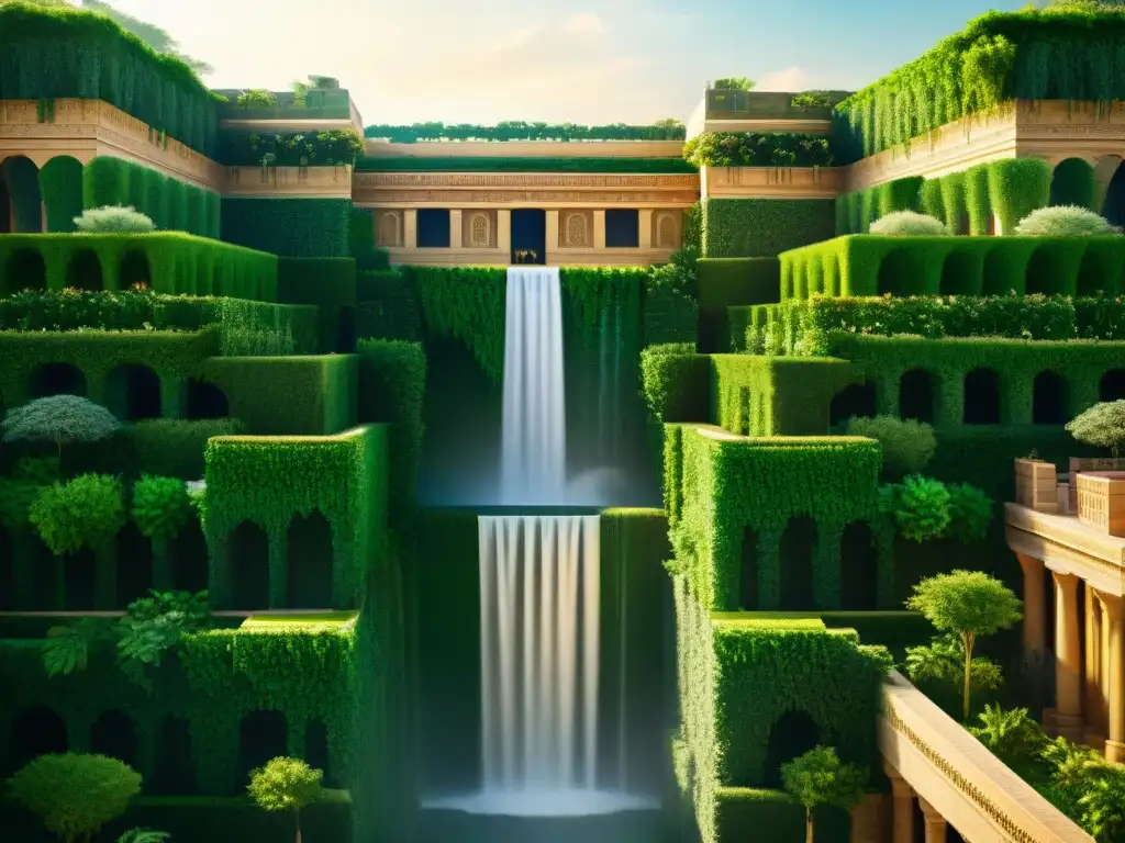 Jardines Colgantes de Babilonia: Maravilla Antigua Los antiguos secretos de Babilonia revelados en los majestuosos jardines colgantes, con exuberante vegetación y arquitectura ancestral