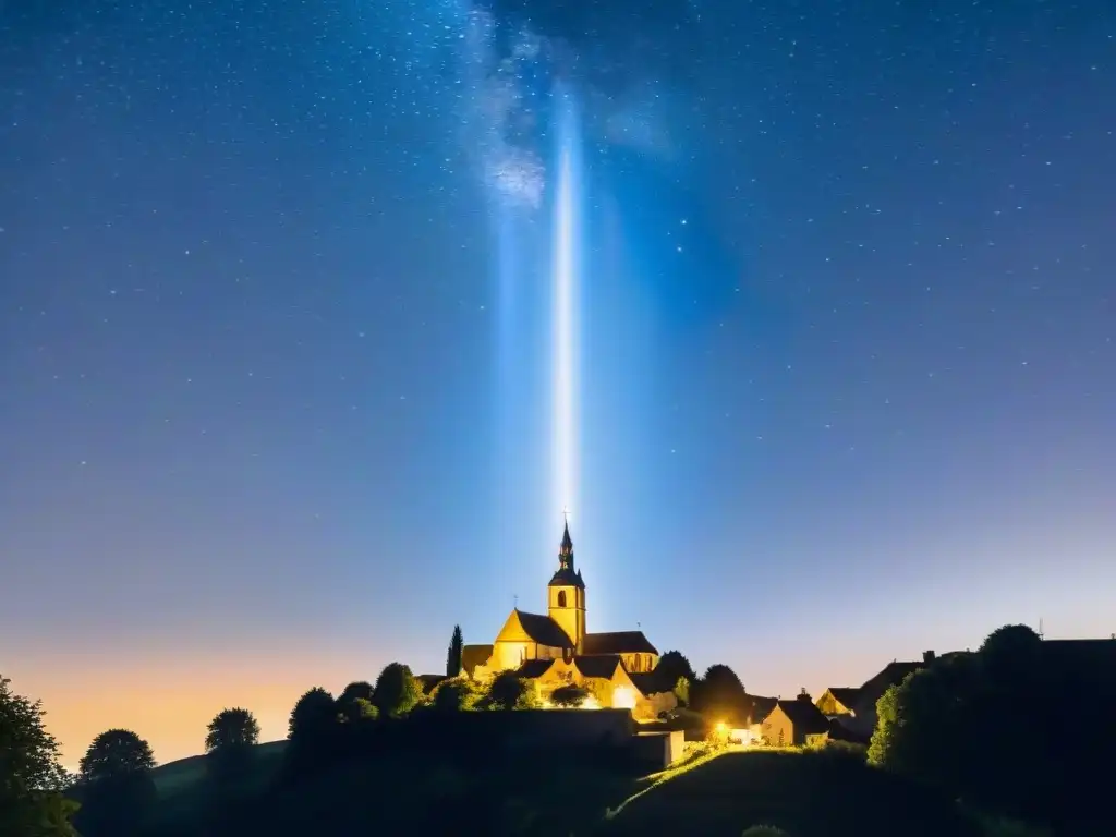 Virgen María iluminada en el cielo nocturno de Pontmain, Francia Aparición mariana en Pontmain: misterio celestial sobre el pueblo, figura de la Virgen envuelta en luz