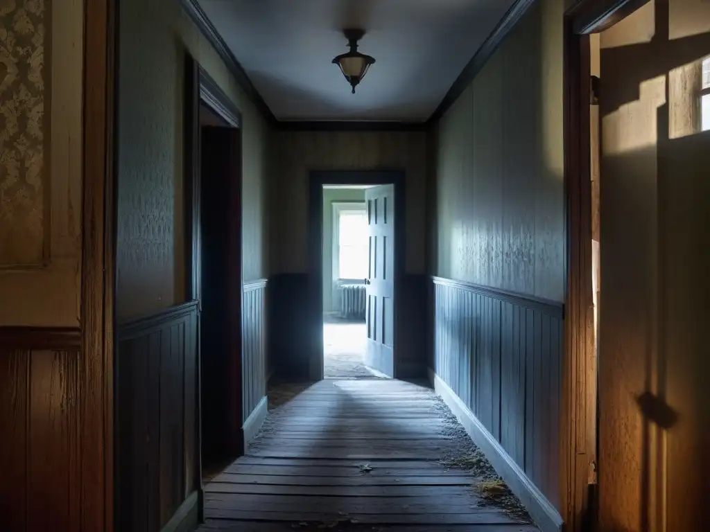 Explora las apariciones en Casa Lafayette Guerra: un pasillo oscuro y misterioso con retratos desvanecidos y una luz titilante al fondo