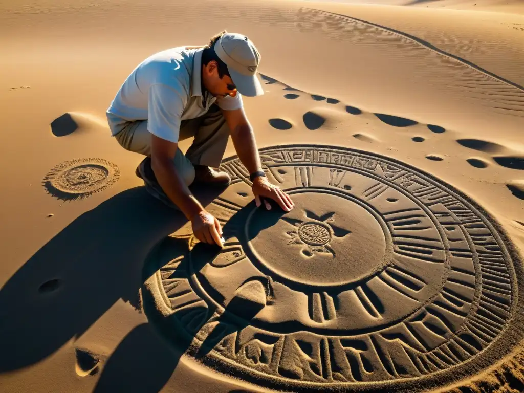 Explorador descifrando misteriosas líneas de Nazca en el desierto Un arqueólogo examina con detenimiento un intrincado patrón de líneas de Nazca en el suelo del desierto, bajo el sol que proyecta largas sombras