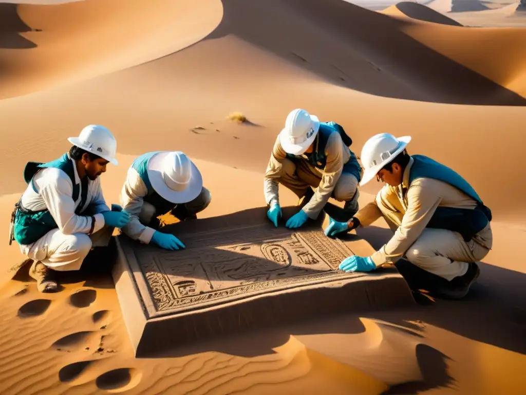 Excavación arqueológica de antigua losa en desierto peruano Arqueólogos exploran antigua estela en desierto peruano: Misterio y autenticidad