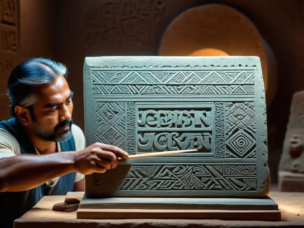Artesano tallando réplica de Ica Stones en detalle 8k Un artesano talla con precisión estelas de Ica: Misterio y autenticidad en cada detalle de la piedra