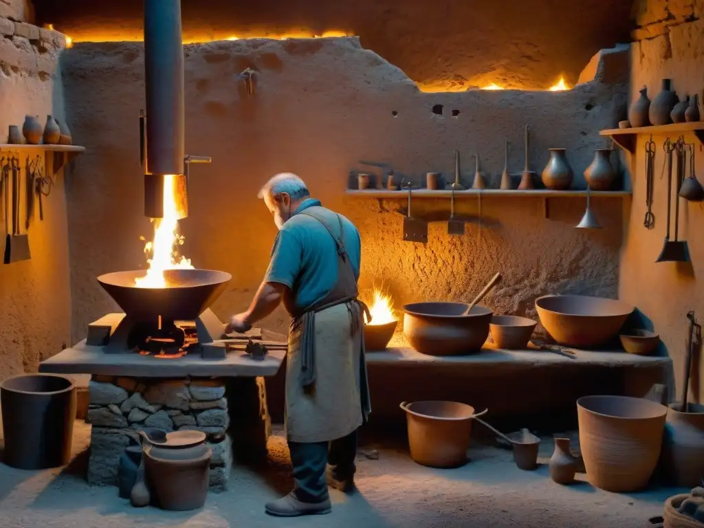 Forja ancestral en Creta: artesano broncea clavos El hábil artesano en un taller cretense iluminado por antorchas, forjando un clavo de bronce