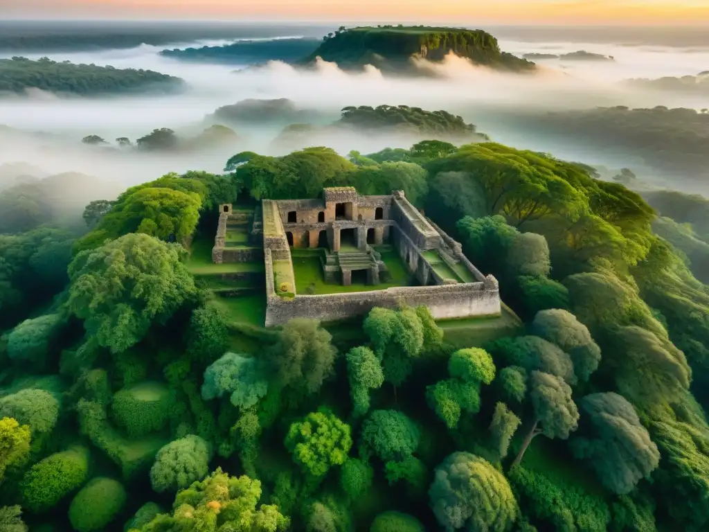 Ruinas antiguas emerge en la neblina al amanecer Descubre asentamientos antiguos con sensores en misterioso y exuberante sitio arqueológico al amanecer
