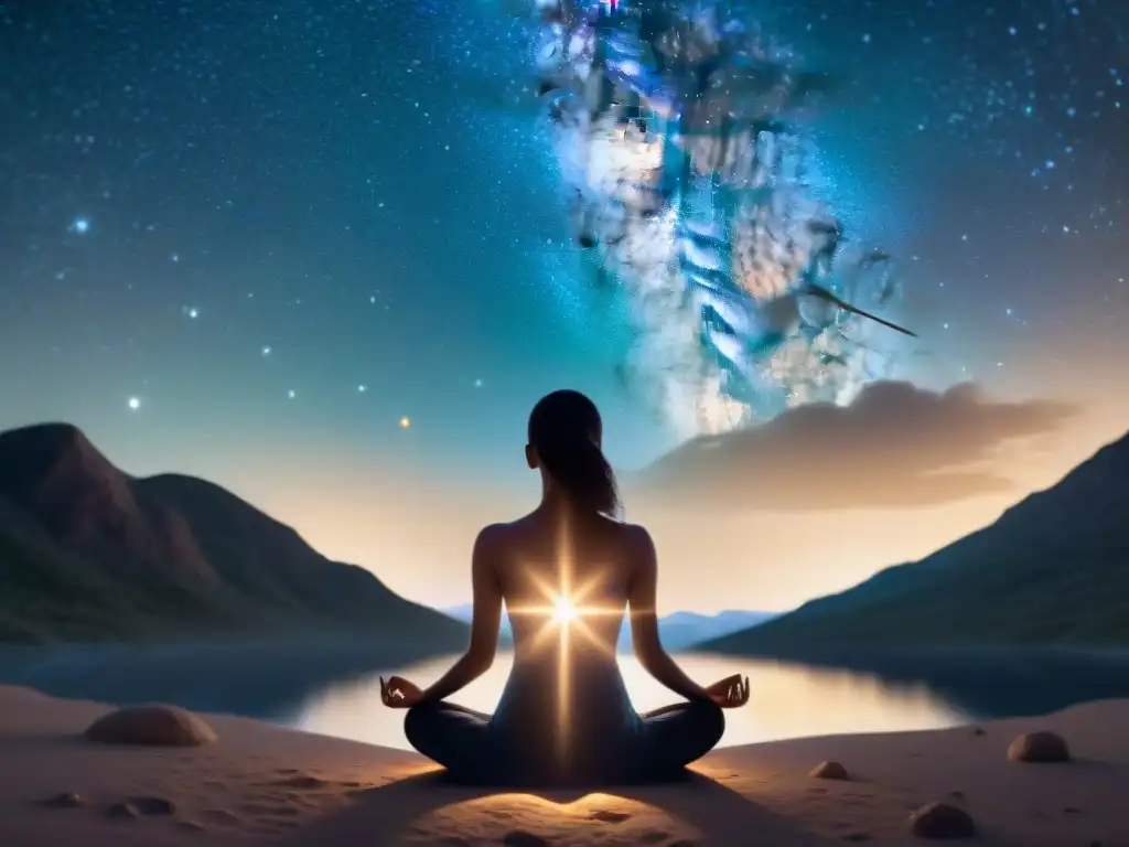 Proyección astral: viajes del alma en meditación etérea bajo un cielo estrellado