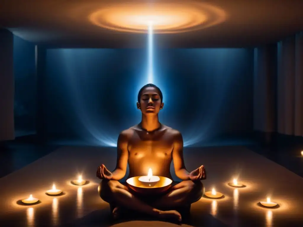 Proyección astral: viajes del alma en un estado meditativo profundo, rodeado de una luz etérea