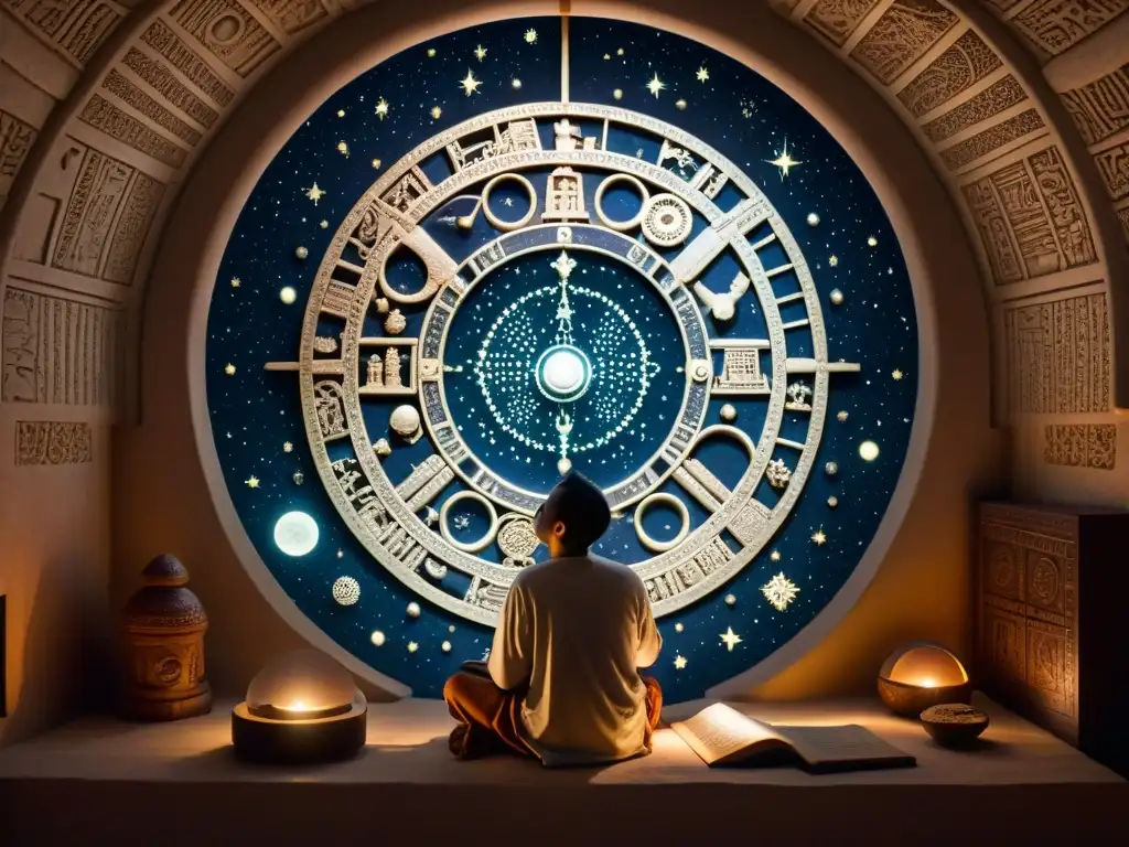 El Sabio Maya: Misterios del Cielo Un astrónomo maya descifrando secretos de la astronomía, rodeado de instrumentos y manuscritos antiguos en una cámara misteriosa y tenue