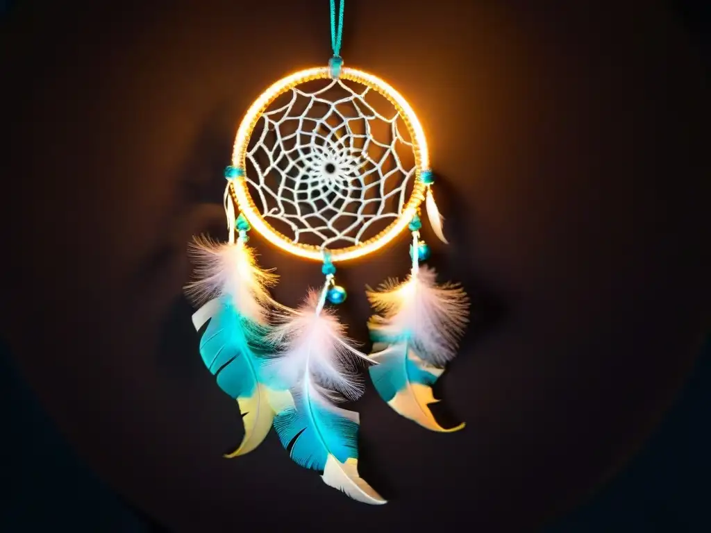 Un atrapasueños intrincado con plumas vibrantes y cuentas, iluminado por un rayo de luz en la oscuridad
