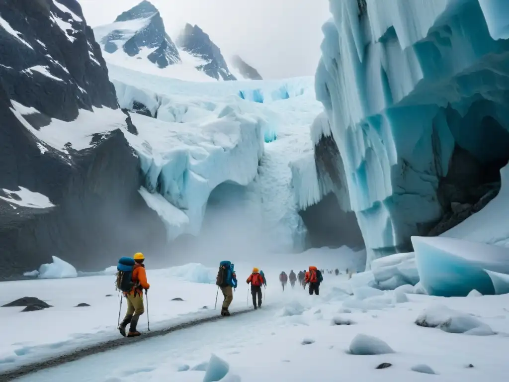 Exploradores en expedición hacia cueva glacial Con audacia, exploradores se adentran en cueva glacial, en la Teoría de la Tierra hueca