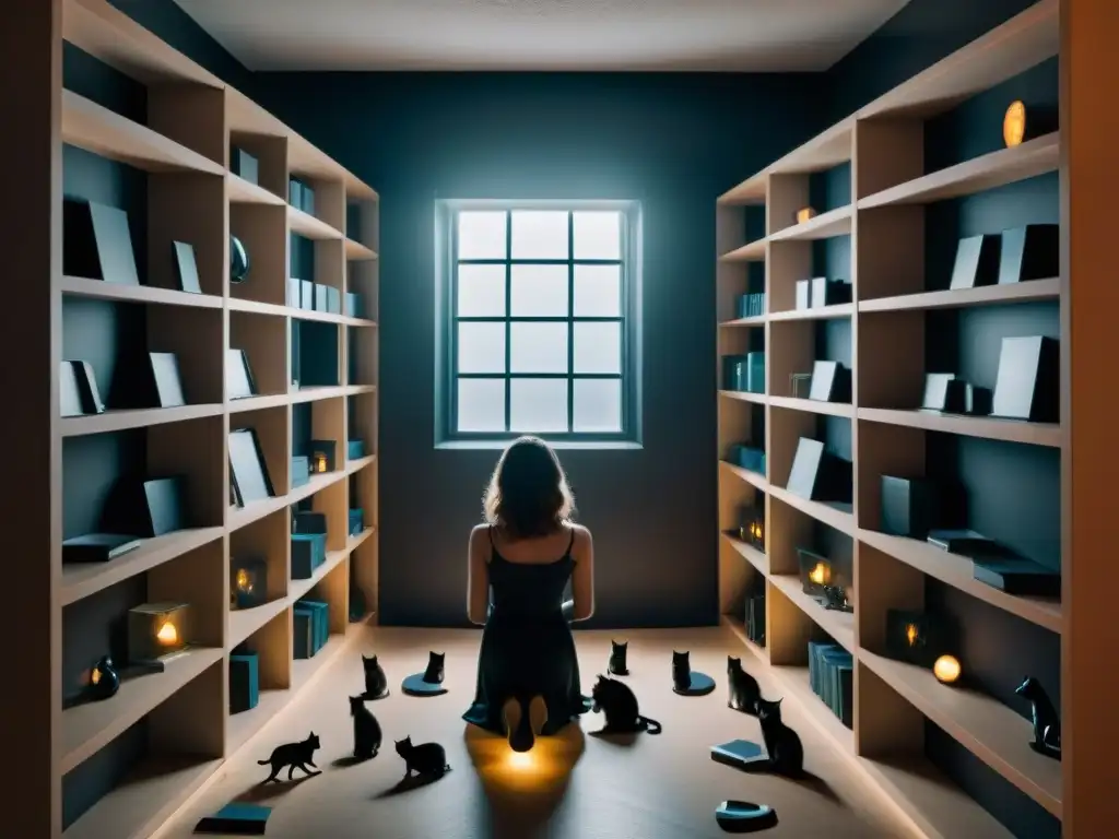 Escena misteriosa: Temores y supersticiones Un aura de misterio y tensión psicológica en una habitación lúgubre llena de supersticiones que reflejan inseguridades