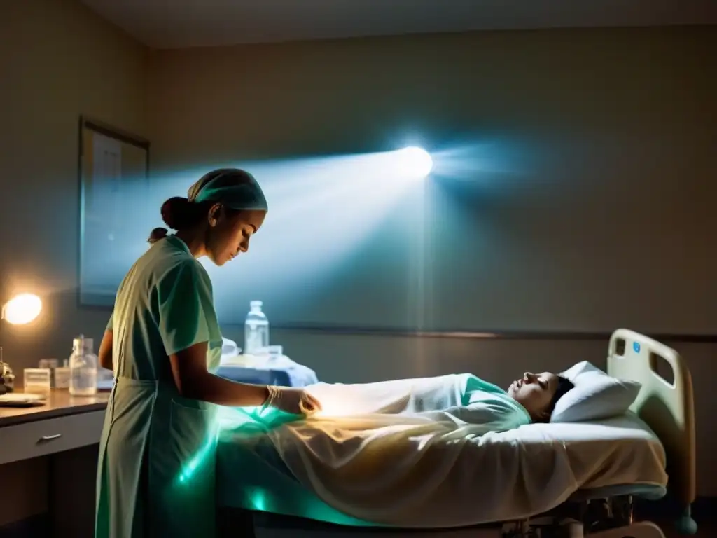 Rescate celestial en sala de hospital Un aura misteriosa envuelve a un paciente en una sala de hospital, mientras el personal médico lucha por revivirlo