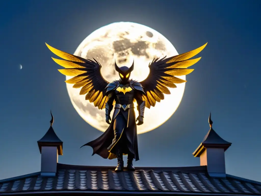 Figura sombría con alas de murciélago en la noche bajo la luna llena Avistamientos de criaturas aladas misteriosas en un tejado nocturno bajo la luna llena