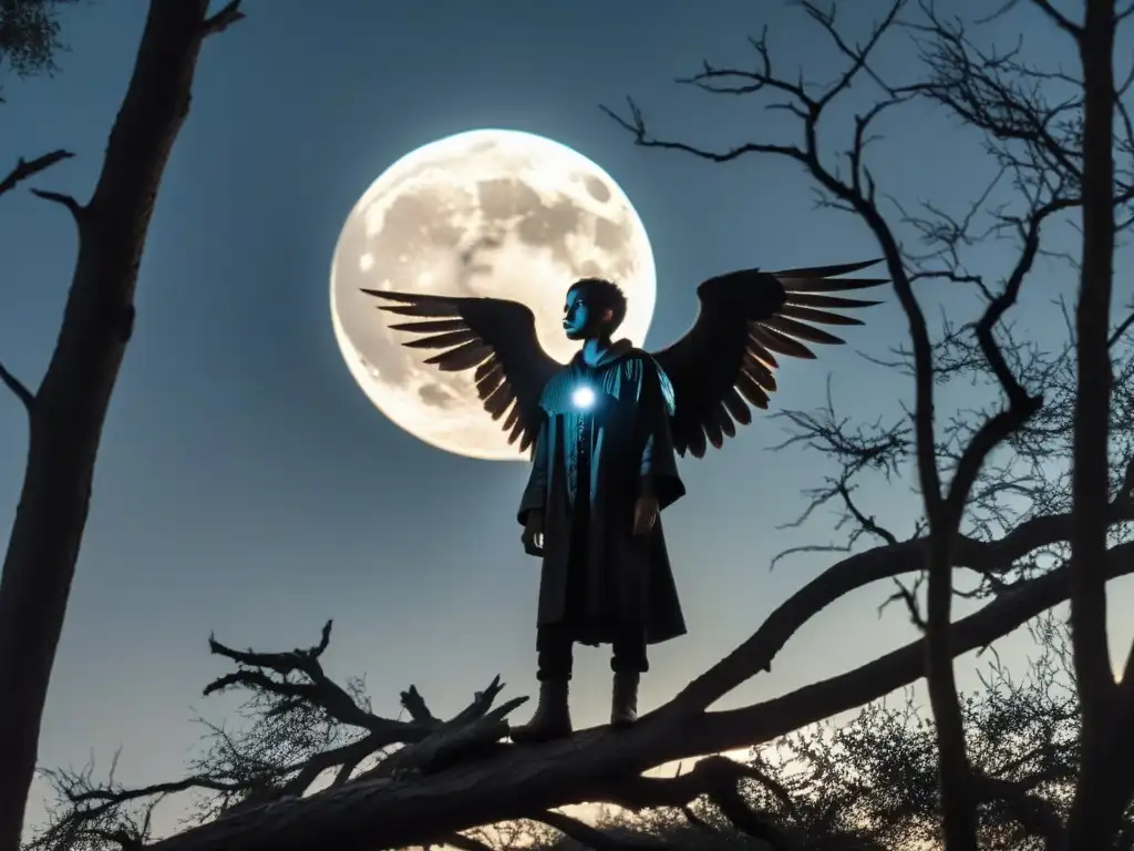 Figura alada en la luna llena: misterio en el bosque neblinoso Avistamientos de criaturas aladas misteriosas en la noche del bosque neblinoso
