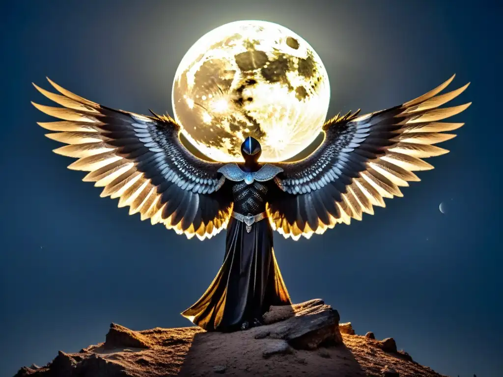 Criatura alada en la oscuridad: detalle ultrarrealista bajo la luna llena Avistamientos de criaturas aladas misteriosas en la noche iluminada por la luna