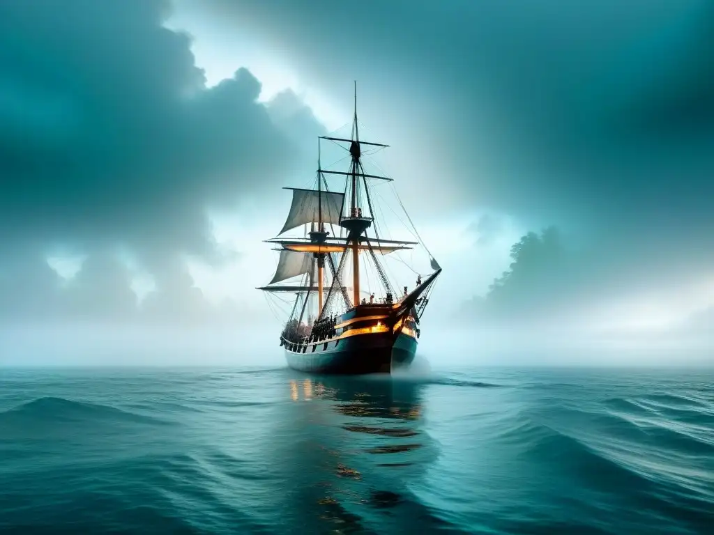 Misterioso barco desapareciendo en niebla del Triángulo de las Bermudas Un barco de madera desaparece en la niebla del Triángulo de las Bermudas, evocando misterio y aventura