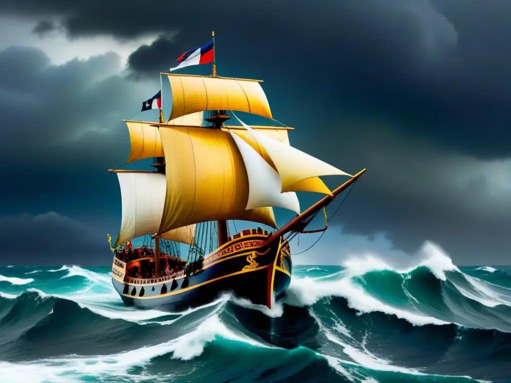 Barco mercante fenicio en alta mar Un barco mercante fenicio surca mares desconocidos, evocando la herencia perdida en una tormenta épica