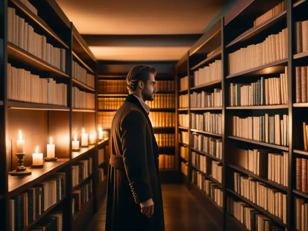 Misteriosa biblioteca del ocultismo: sombras, velas y misterio Una biblioteca misteriosa de libros sobre misterios paranormales, sectas y cultos, iluminada por velas, con una figura en las sombras