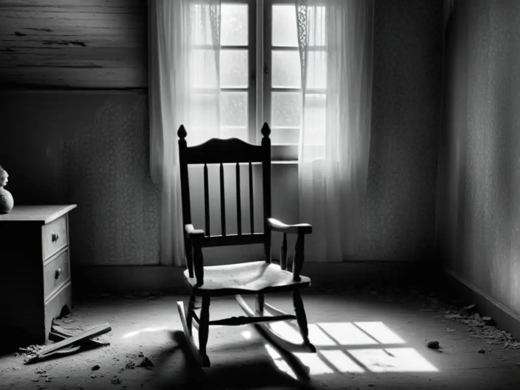 Una fotografía en blanco y negro de una habitación antigua y sombría con papel pintado descascarado y una mecedora desgastada en el centro