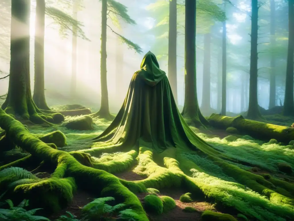 Un bosque antiguo y denso envuelto en neblina, con árboles cubiertos de musgo verde vibrante y luz filtrándose entre las ramas