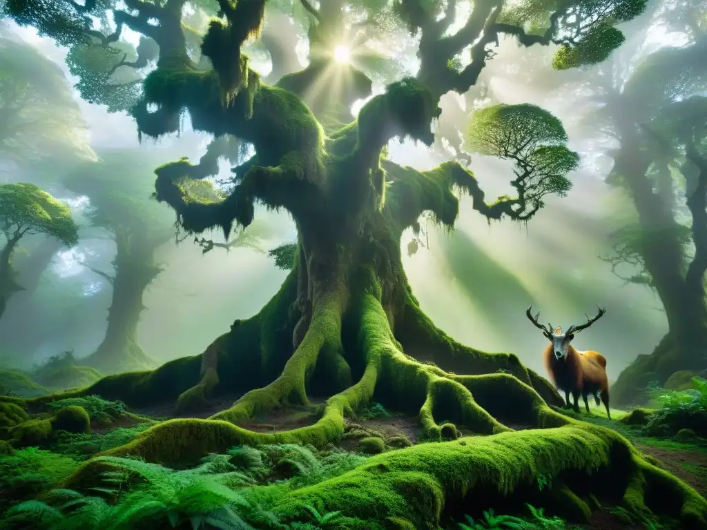 Un bosque denso y místico, con árboles antiguos cubiertos de musgo verde vibrante