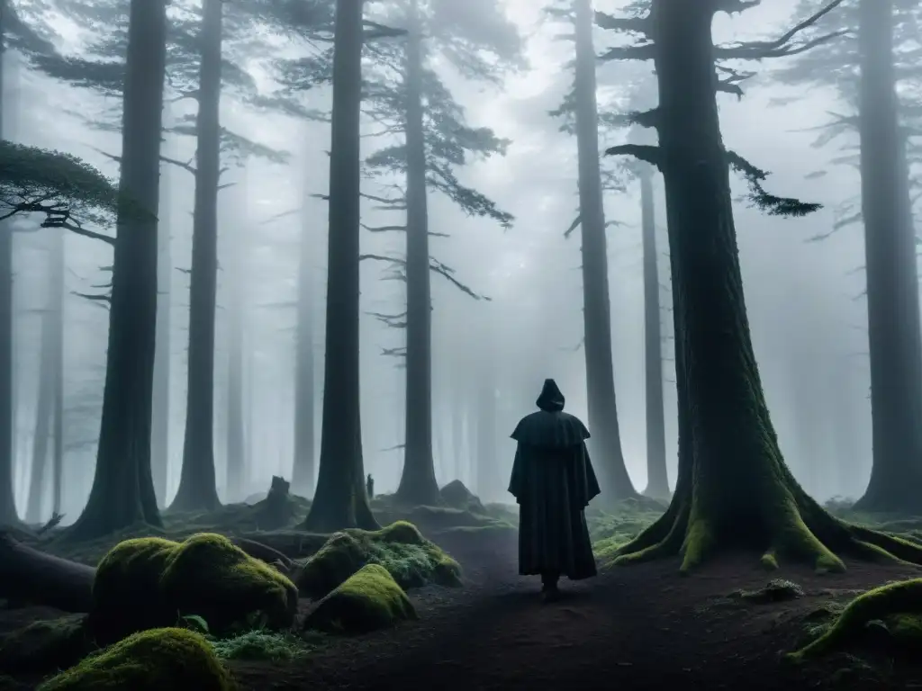 Misterioso bosque de Zugarramurdi: sombras y secretos Un bosque denso y oscuro en Zugarramurdi, con árboles antiguos y misteriosa figura con linterna