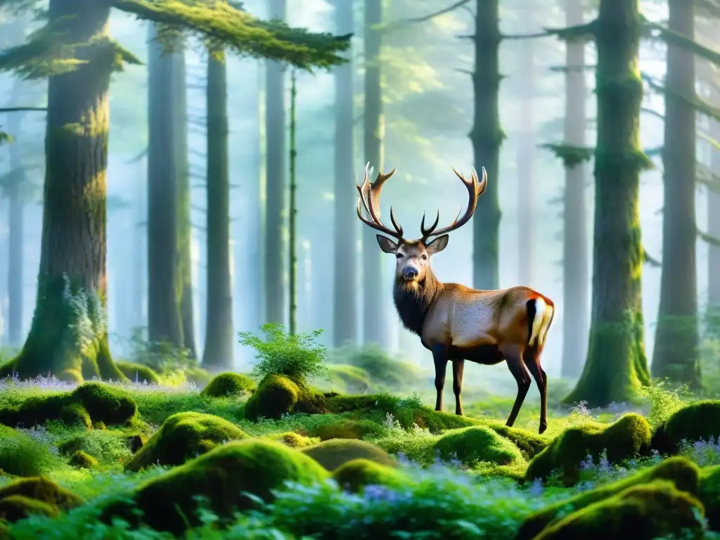 Un bosque encantado envuelto en niebla, árboles antiguos cubiertos de musgo verde y flores silvestres