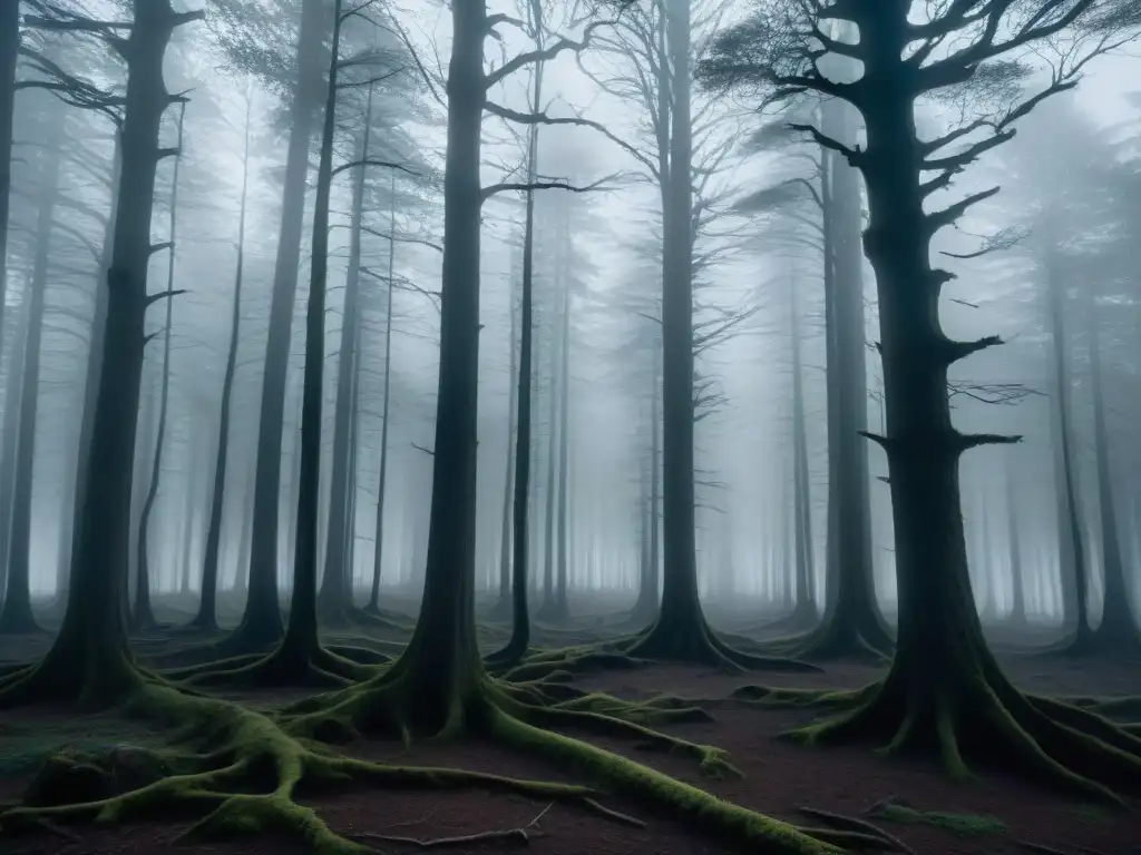 Un bosque encantado en la penumbra donde árboles retorcidos y misteriosa figura crean un ambiente mágico y inquietante