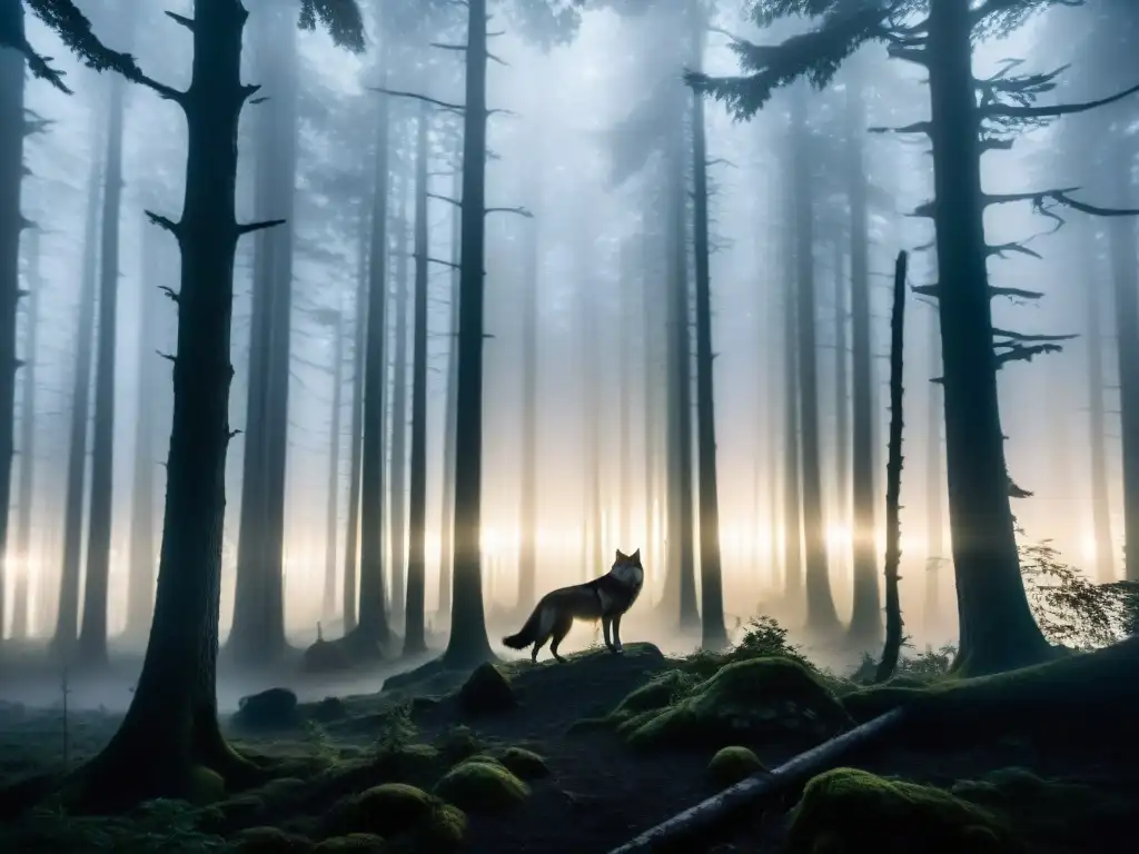 Un bosque iluminado por la luna en la niebla, con siluetas de animales y la Bestia de Gévaudan