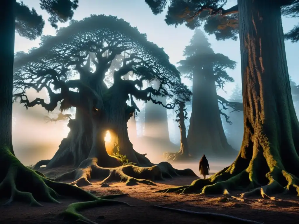 Bosque misterioso al anochecer, árboles antiguos y criaturas entre las raíces