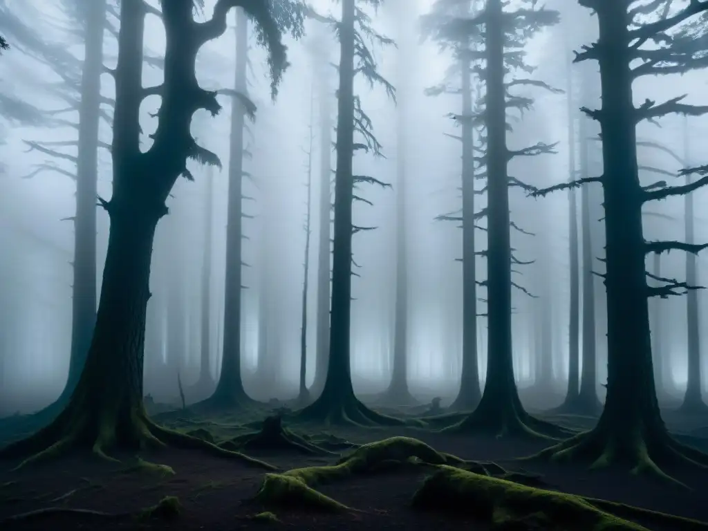 El Bosque de los Niños con Ojos Negros: Misterio en la Niebla Bosque misterioso al anochecer, con árboles tenebrosos y figuras sombrías de ojos negros
