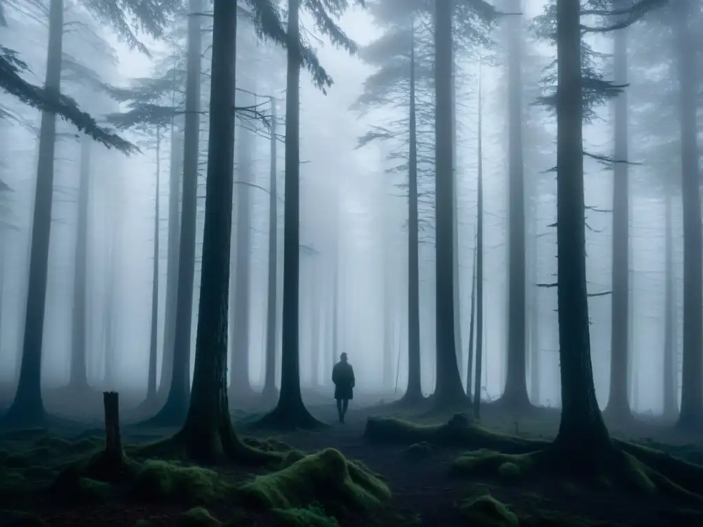 Misterioso bosque de niebla al anochecer Un bosque misterioso envuelto en niebla al anochecer, con sombras inquietantes y una sensación de intriga