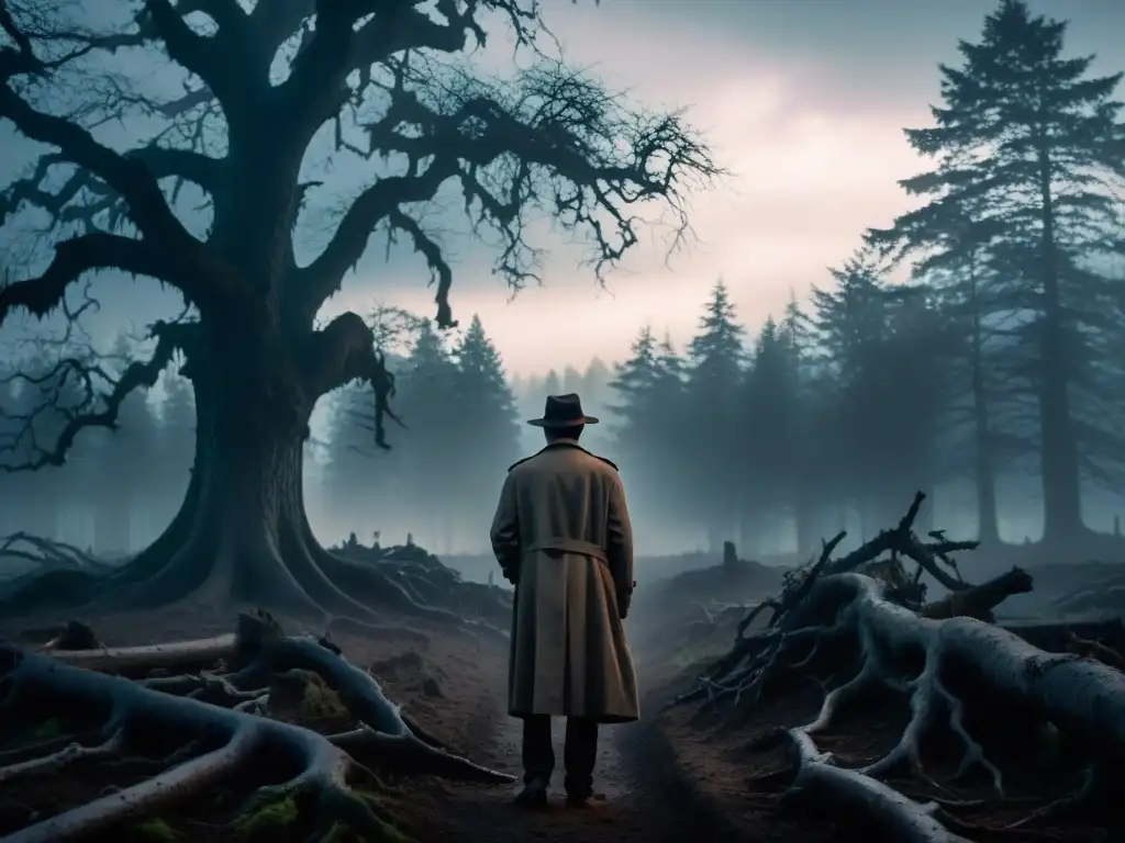 Enigma en el bosque: figura misteriosa al atardecer Un bosque misterioso envuelto en niebla al anochecer, con árboles antiguos en silueta y una figura en la penumbra
