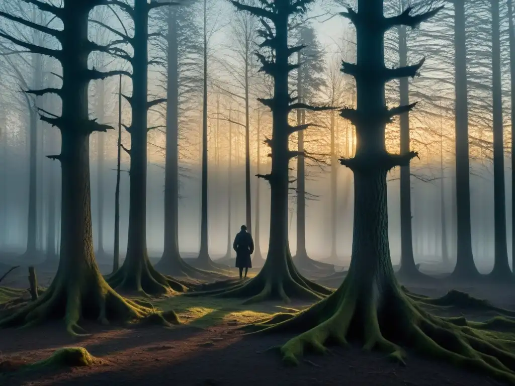 Bosque misterioso al anochecer con figuras sombrías y ojos brillantes Bosque misterioso con sombras al atardecer y siluetas de niños negros con ojos brillantes, evocando lo inexplicable