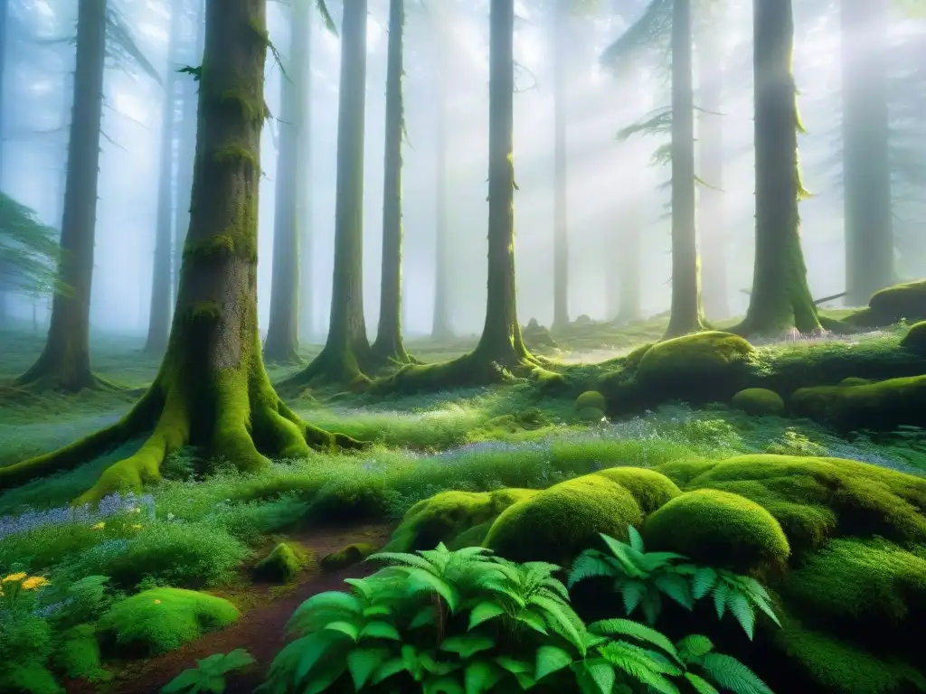 Un bosque místico y encantador, con árboles cubiertos de musgo verde y rayos de sol filtrándose, creando una atmósfera mágica