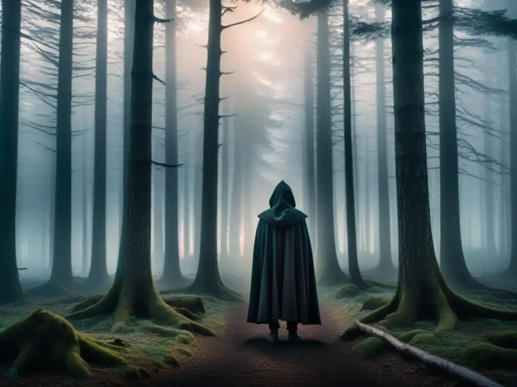 Figura misteriosa en bosque brumoso al anochecer Un bosque neblinoso al anochecer, con árboles retorcidos y sombras largas en el suelo