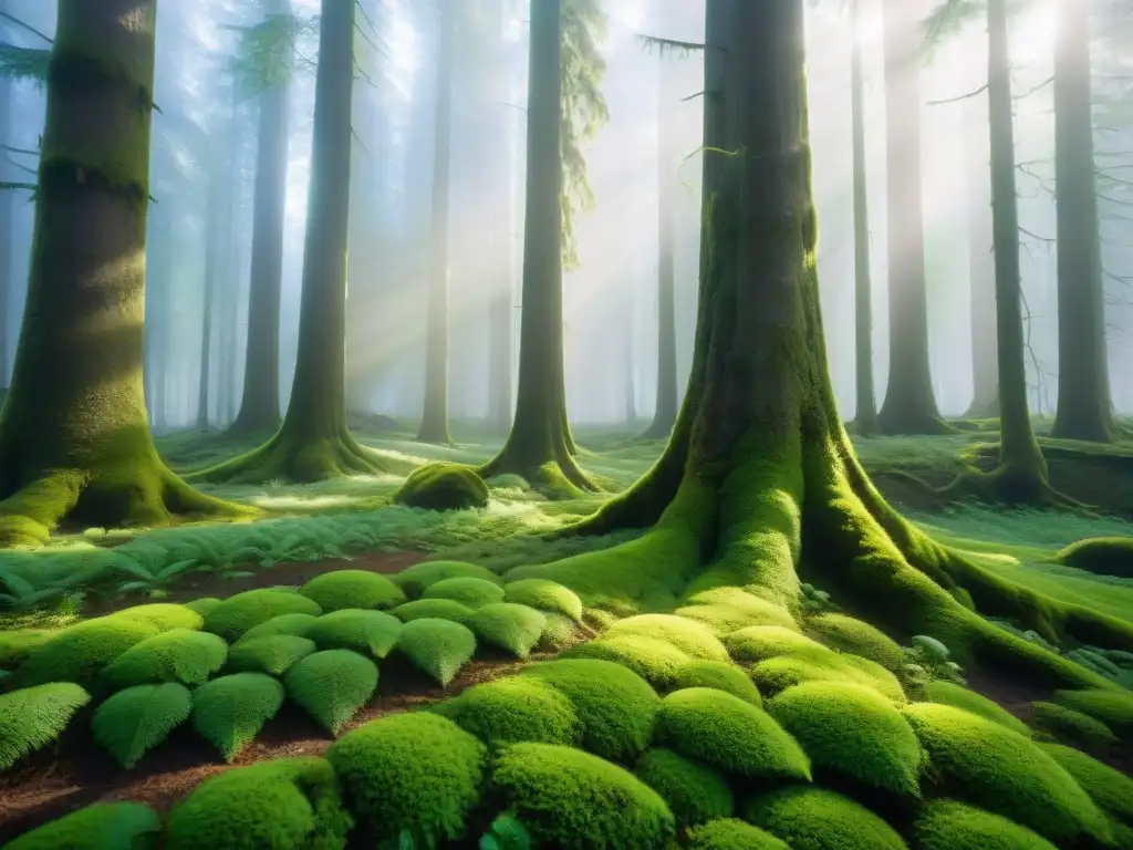 Majestuoso bosque siberiano: luz, misterio y exuberancia Un bosque siberiano denso y misterioso, con rayos de sol filtrándose entre los árboles