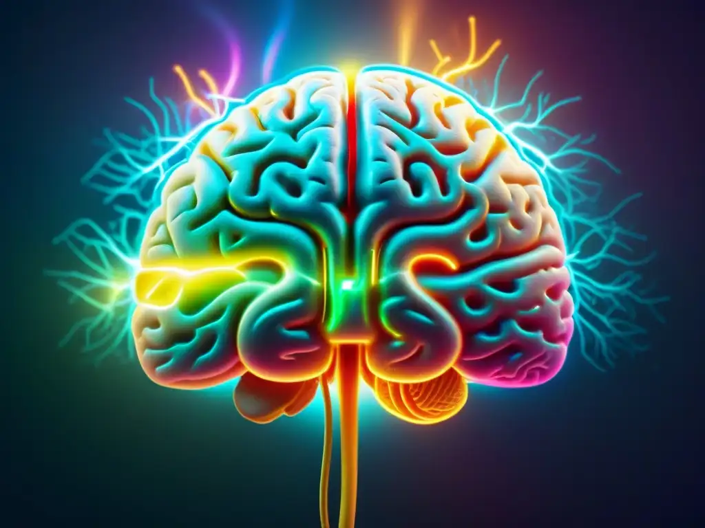 Misterioso cerebro iluminado absorbiendo idiomas Brillante cerebro humano absorbiendo idiomas en neón, rodeado de misteriosa neblina